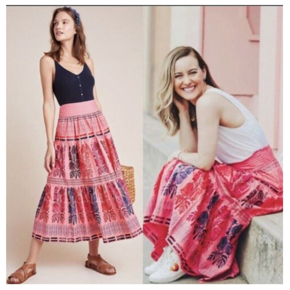 Anthropologie Blooming Print Auberte Poplin Tiered Midi Skirt Size 0 Pink